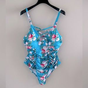 Cupshe, Women’s, One Piece, Swimsuit, Ruched, Tropical Print, V-Neck, Swimsuit.